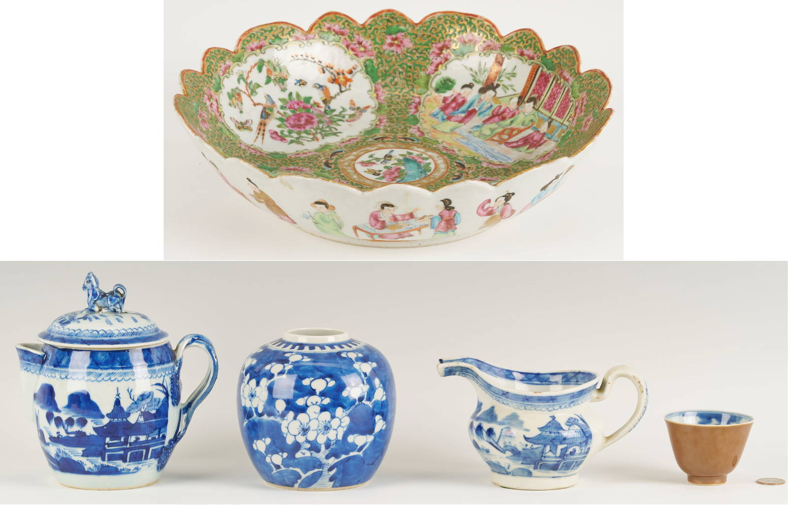 Chinese Export Rose Mandarin Porcelain Bowl, Scalloped Rim and 4 Chinese Blue & White Porcelain