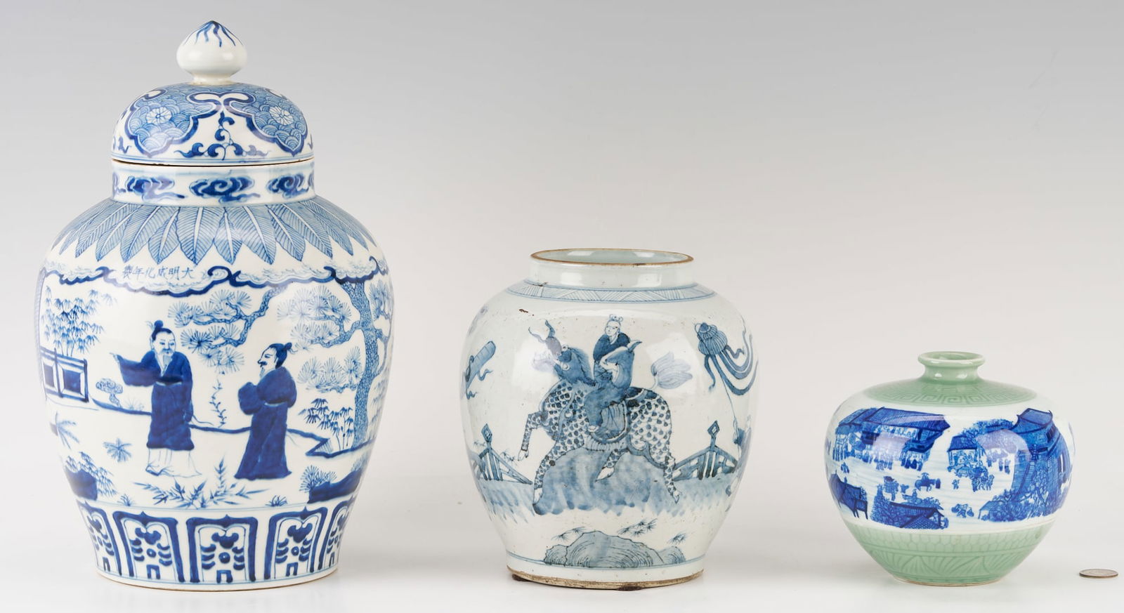 3 Chinese Blue & White Porcelain Jars: Three (3) Chinese blue and white porcelain items, including a lidded ginger jar depicting warriors and scholars in a landscape setting, a vase depicting a royal procession, and a small vase with