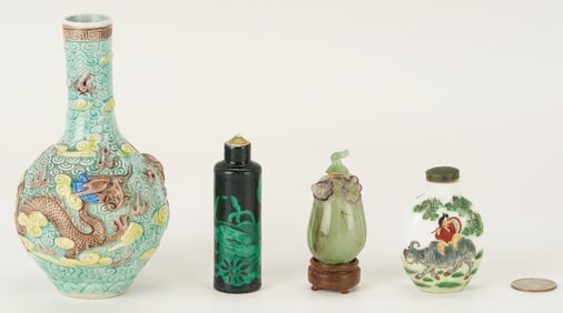 Chinese Molded Dragon Vase and 3 Snuff Bottles