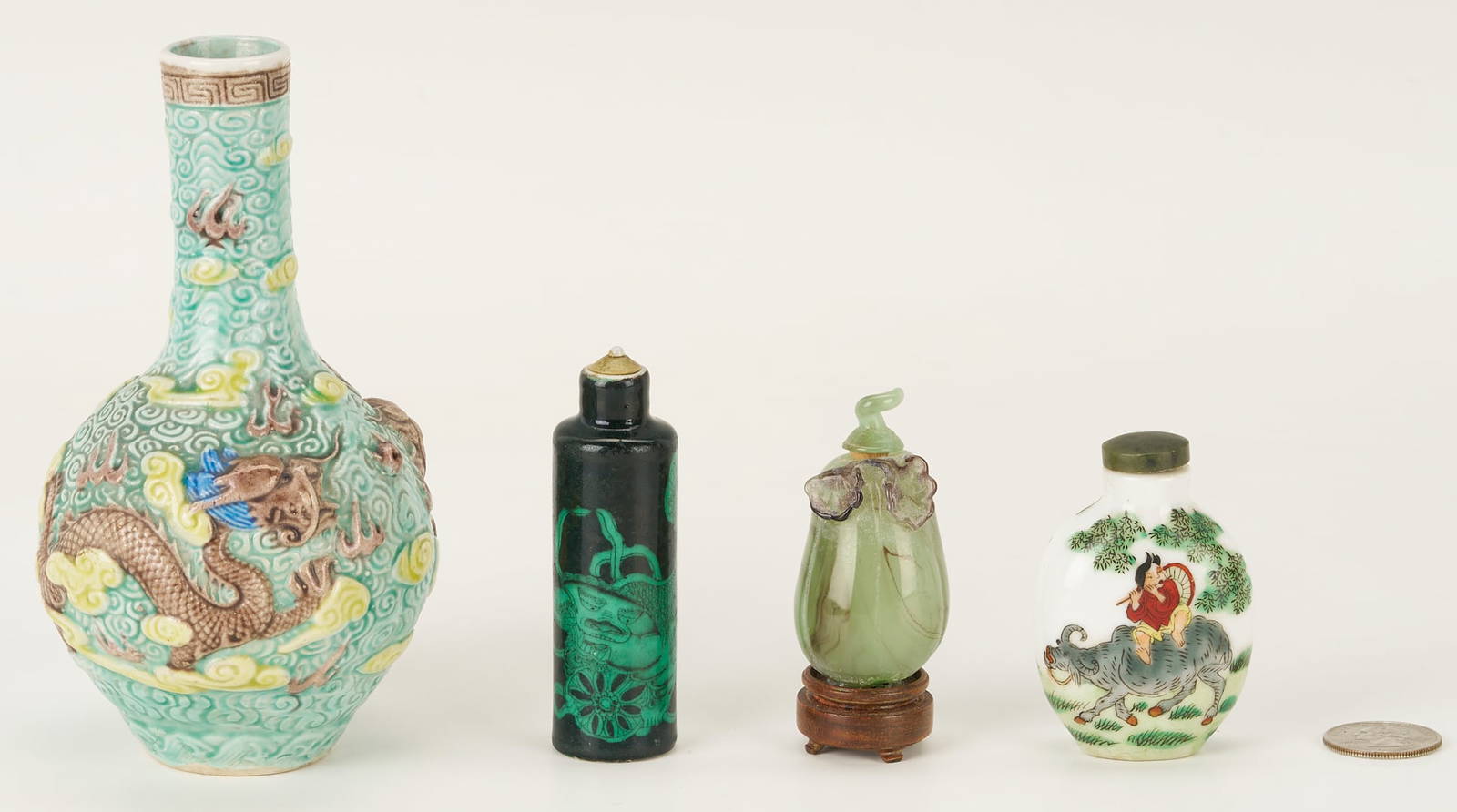Chinese Molded Dragon Vase and 3 Snuff Bottles