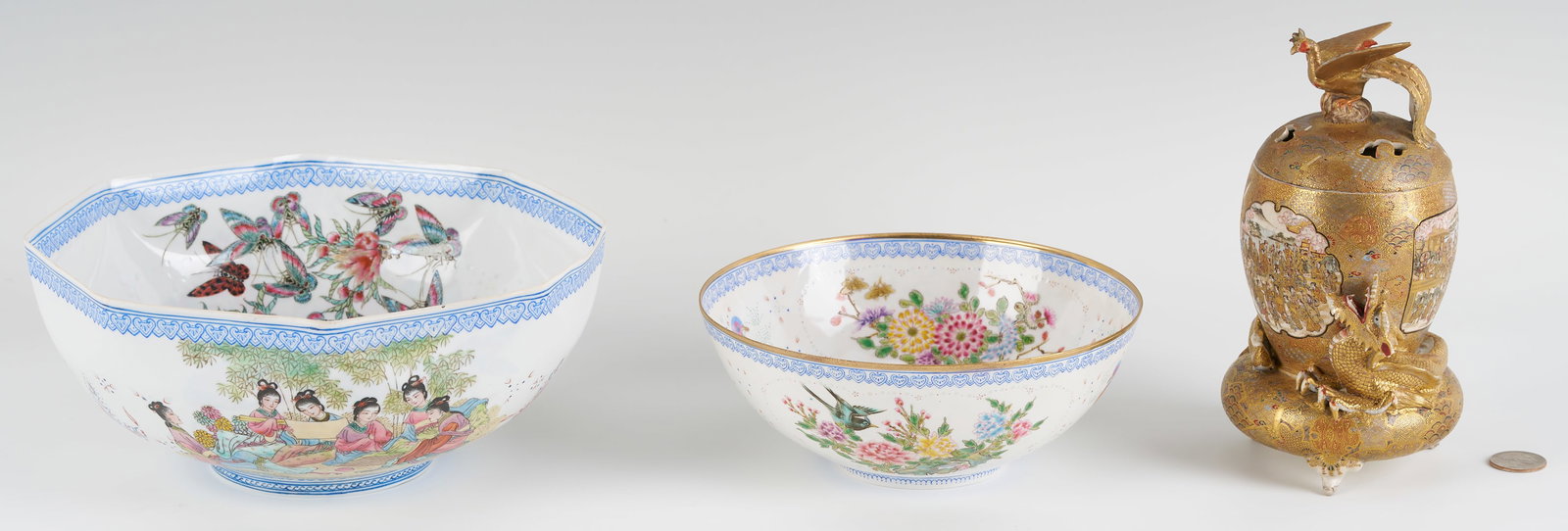 3 Asian Porcelain Items, Japanese & Chinese: 1st item: Japanese Meiji Satsuma censer with vignettes to the body depicting large figure-in-landscape scenes, a figural dragon encircling the body, a figural phoenix to the pierced lid, and a ro