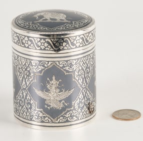 Thai Silver Niello Cylindrical Box