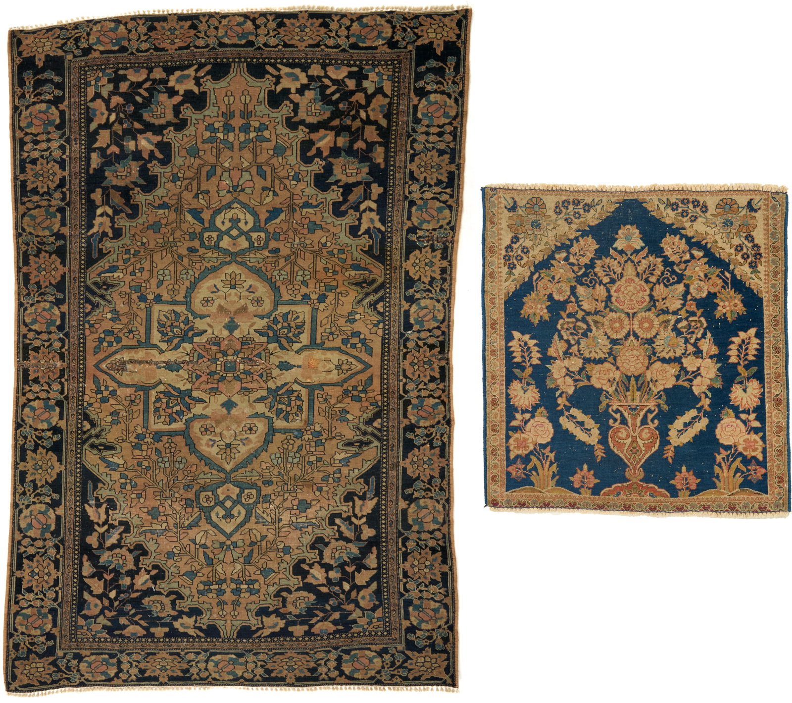 Antique Persian Farahan Rug & Kashan Vase Rug: 1st item: Antique Persian Farahan rug, wool on wool, with a central cream ground stylized medallion on a larger salmon field flanked by blue ground spandrels within two primary borders, scro