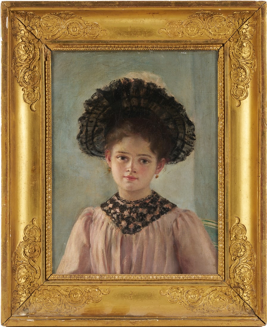 Continental School O/C Portrait Painting of a Girl in Pink: Continental School, possibly French, oil on canvas portrait painting depicting a young girl wearing a pink and black lace hat and a pink dress with a black lace collar, and a gray/blue interior backgr