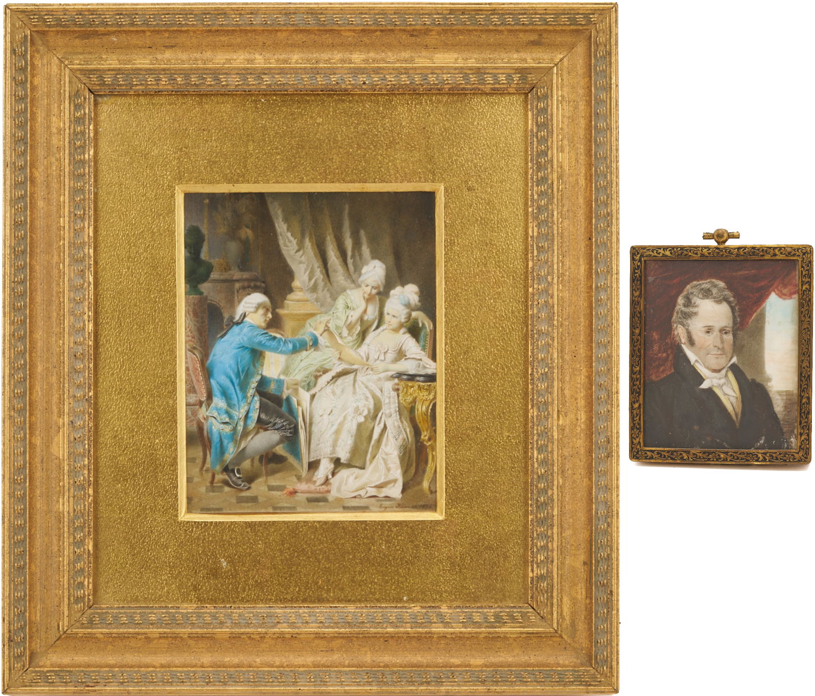 2 Watercolors: 18th C. Genre Scene, plus Portrait: American School Miniature Portrait plus a Eugen Klimsch Genre Scene with lighted stand. 1st item: Eugen Johann Georg Klimsch (German, 1839-1896) miniature watercolor on paper genre scene depicting a g