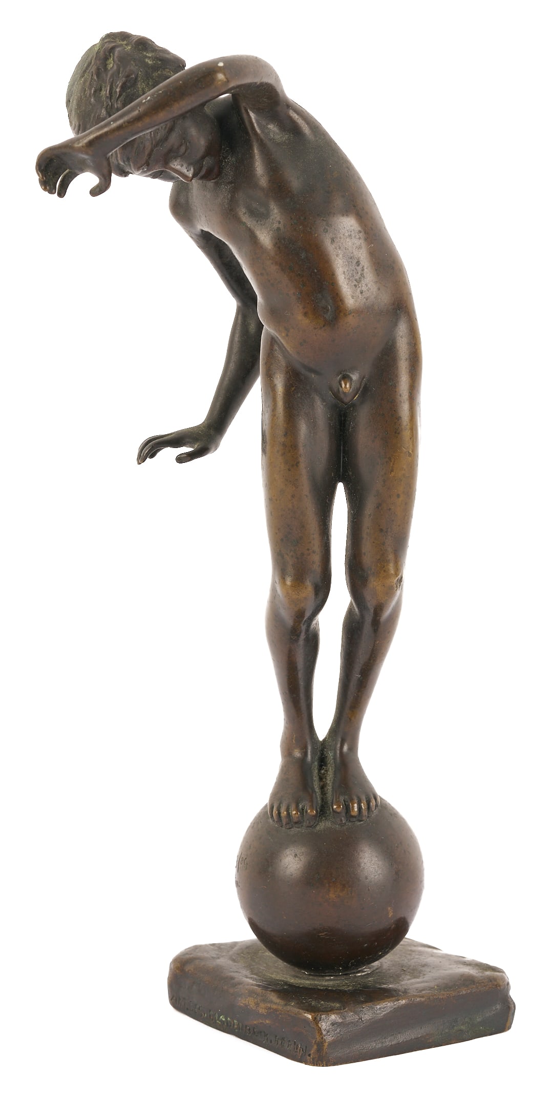 Johannes Gotz Bronze Sculpture, Boy Balancing on a Ball: Johannes Gotz (Germany, 1865 - 1934) bronze sculpture, depicting a young male balancing on a ball. Signed on the side of the ball "Gotz, fec. Berlin" with additional foundry mark for Ak