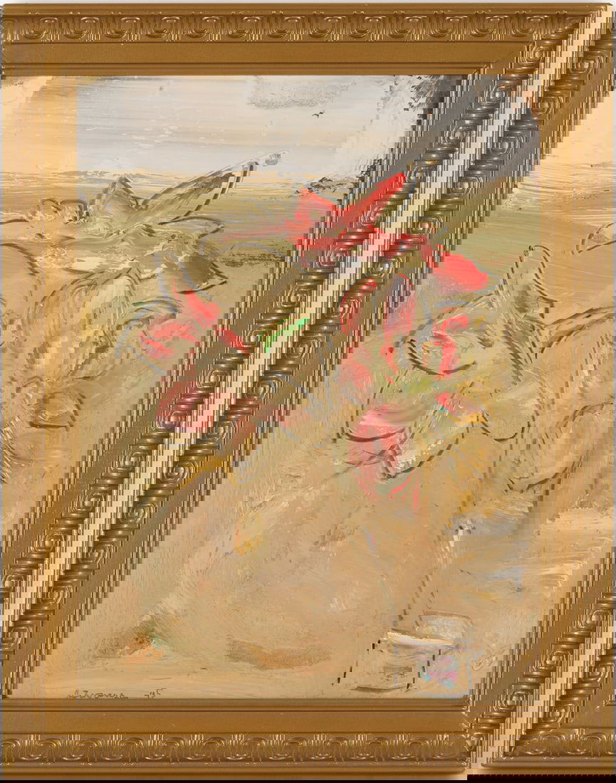 Sterling Strauser O/B Floral Still Life, 1995: Sterling Boyd Strauser (American, 1907 - 1995), oil on board, still life painting depicting three red flowers in a clear glass vase set against a pale yellow or tan background. Signed a