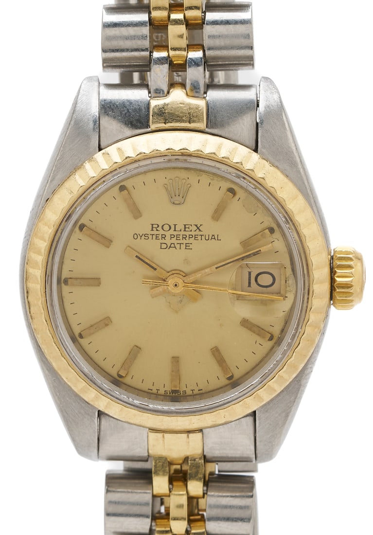 Ladies' 18K Date Oyster Perpetual Rolex: Ladies' Rolex Oyster Perpetual Date stainless and 18K yellow gold wrist watch, gilt dial, stick numerals, acrylic crystal, Cyclops lens over date, case size 26 mm, watch Serial# 6431120, reference #69