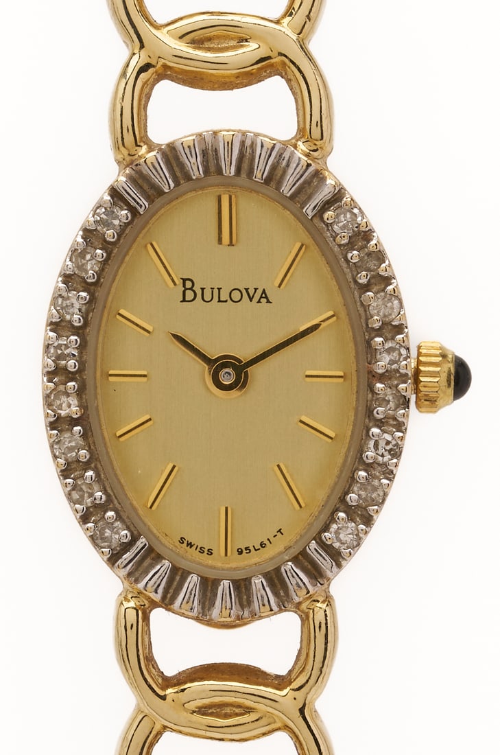 14K Gold Bulova Quartz Wrist Watch: 14K yellow gold Bulova quartz wrist watch featuring sixteen (16) single cut melee diamonds. The watch is marked "14K Quartz Bulova" and XRF tests 14K gold. The watch is 7 in. L. and has