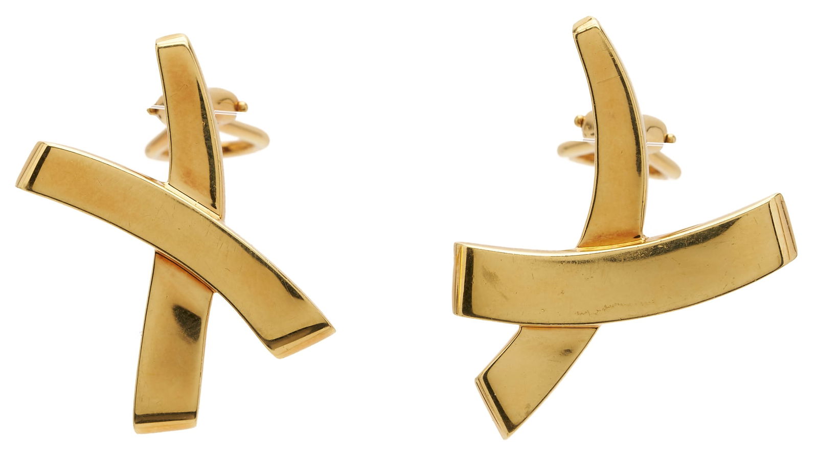 Tiffany & Co. 18K Gold Paloma Picasso Graffiti X Earrings: Pair of Tiffany & Company 18K yellow gold Paloma Picasso Graffiti X earrings with Omega clip backs. Marked on the interior "Tiffany & Co. .750 Paloma Picasso". Retains the