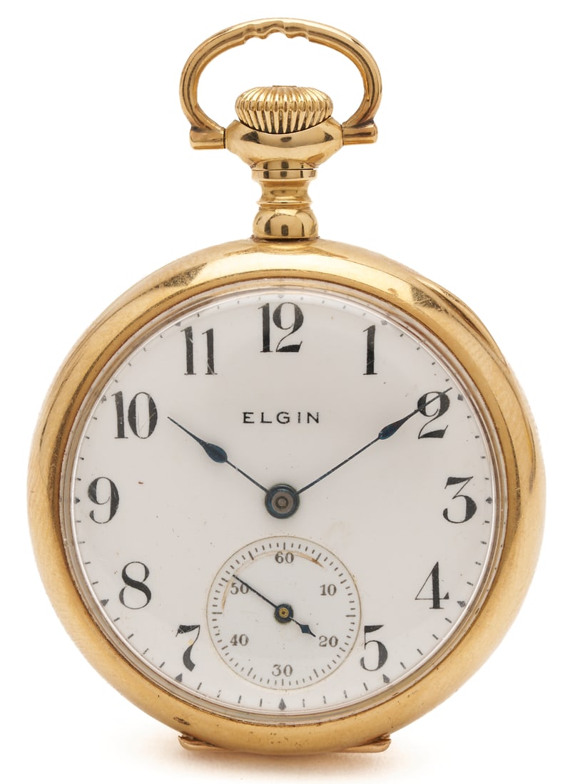14K Elgin Grade 324 Pocket Watch: Elgin grade 324 7 jewel size 0s pocket watch. The watch is in a 14K yellow gold open case, plain with ornate three-letter script monogram. The case is marked "14K" and XRF tests 14K gold.