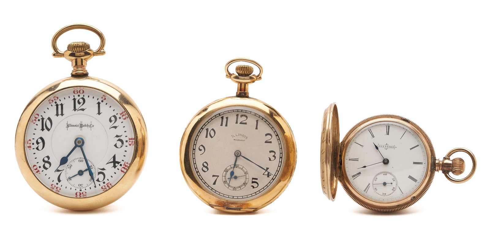 3 Illinois Pocket Watches: 1st item: Illinois 24 jewel size 18s grade Bunn Special pocket watch. The watch is in an open face gold filled case and XRF tests gold filled. The serial number is 1606021 and estimated year of