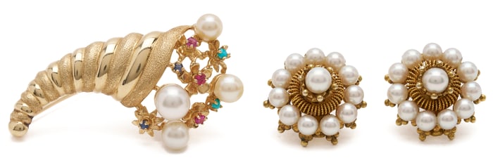 14K Gold & Gemstone Cornucopia Brooch and 10K Gold & Pearl Screwback Earrings
