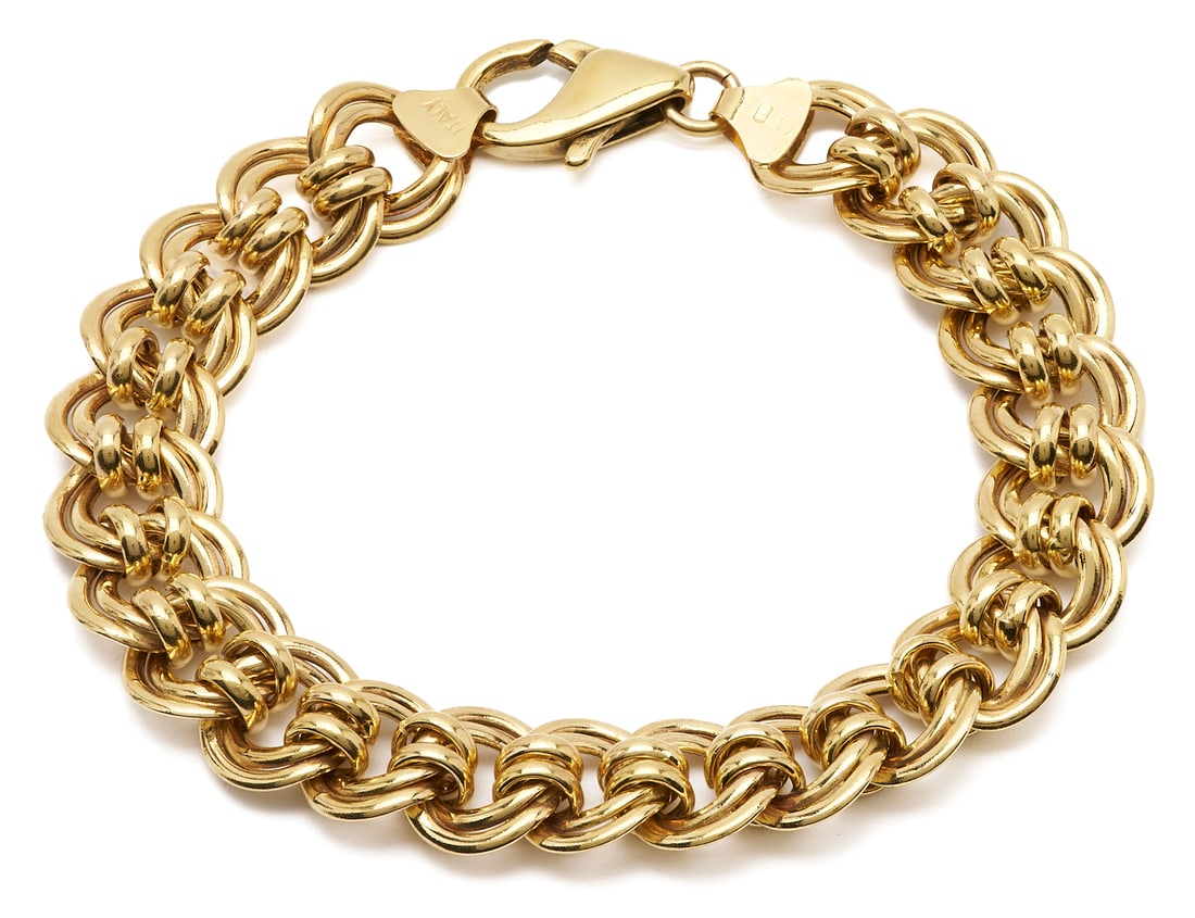 14K Gold Link Bracelet: Ladies' 14K yellow gold link bracelet. The bracelet is marked "14K Italy Lime" and XRF tests 14K gold. The bracelet is 7 in. L. and has a weight of 13.95 grams.Additional