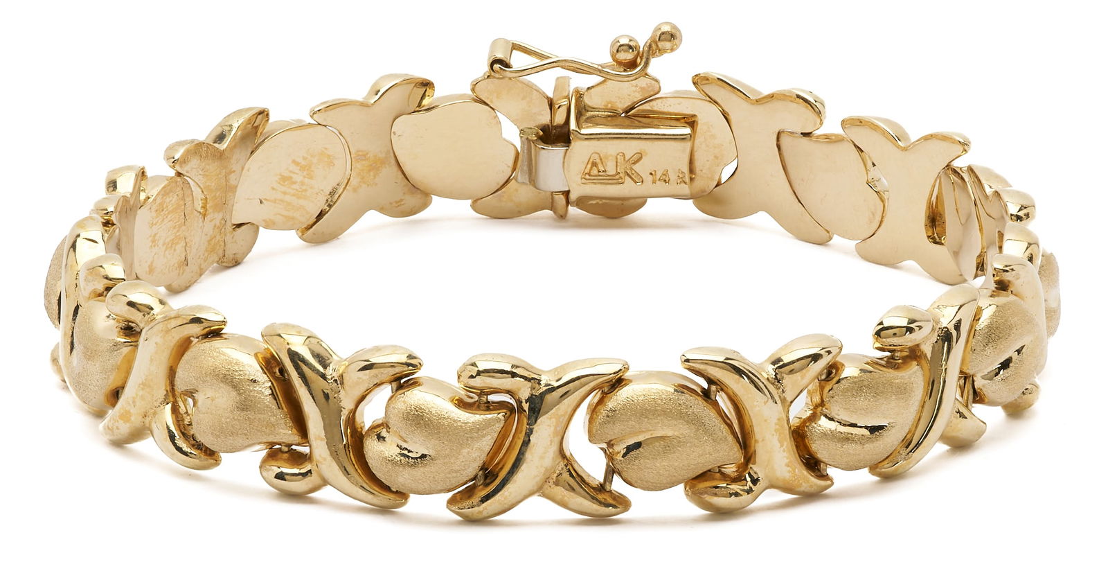 14K Gold Heart Link Bracelet: Ladies' 14K yellow gold heart link bracelet. The bracelet is marked "AK 14K" and XRF tests 14K gold. The bracelet is 7 in. L. and has a weight of 13.82 grams.Additional