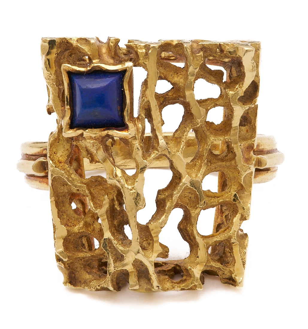 Ladies' Designer 18K Yellow Gold & Lapis Ring: Ladies' designer 18K yellow gold ring featuring one (1) square cabochon lapis lazuli on a woven square base. The ring is marked "RHB 18 750" and XRF tests 18K gold. The ring is size 7