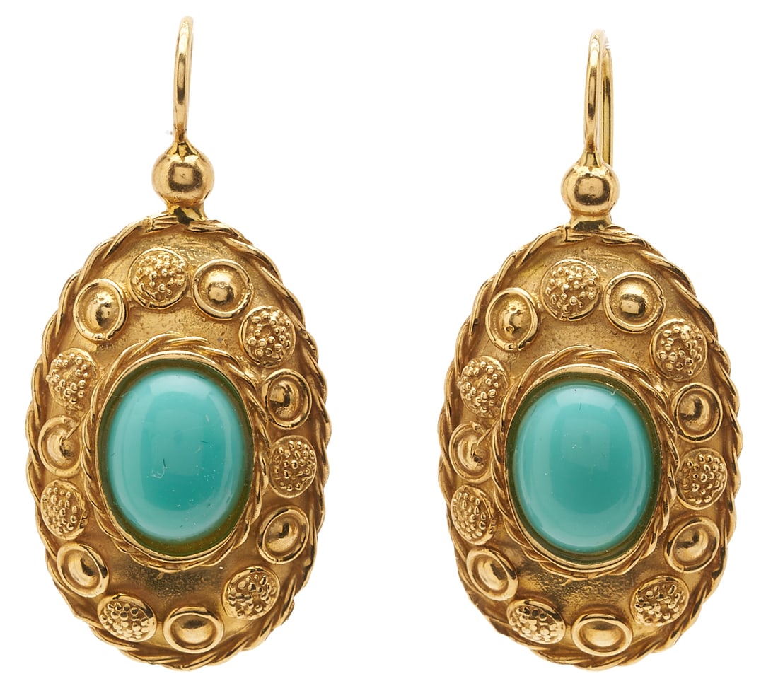 18K Gold & Turquoise Earrings: Ladies' 18K yellow gold pieced back dangle earrings featuring two (2) oval cabochon turquoise. The earrings are marked "750" and XRF test 18K gold. The earrings are 5/8 in. x 1