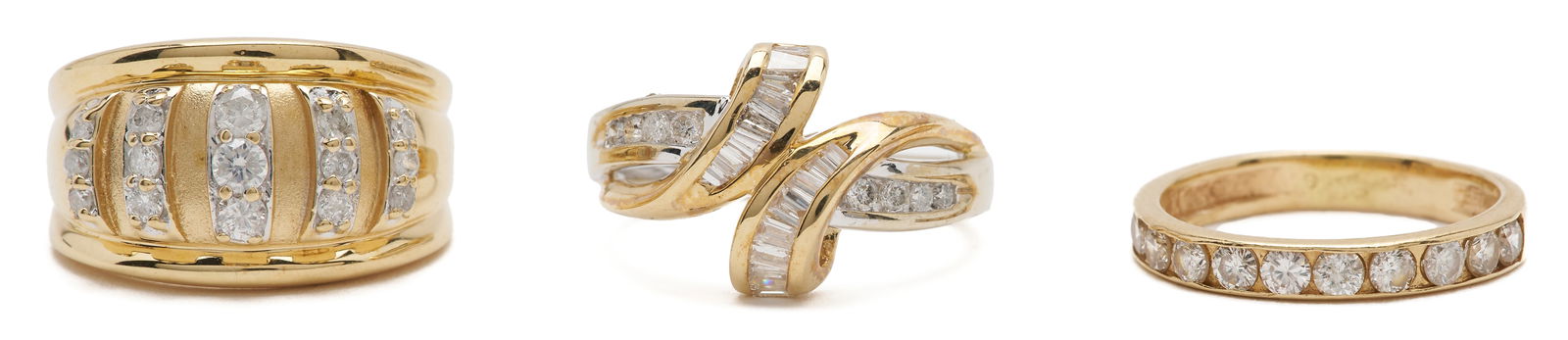 Three 14K Gold & Diamond Rings: 1st item: Ladies' 14K yellow gold ring featuring fifteen (15) round brilliant cut diamonds approximately 0.44 carats together, Clarity-I2, Color-I. The ring is marked "14K" and XRF