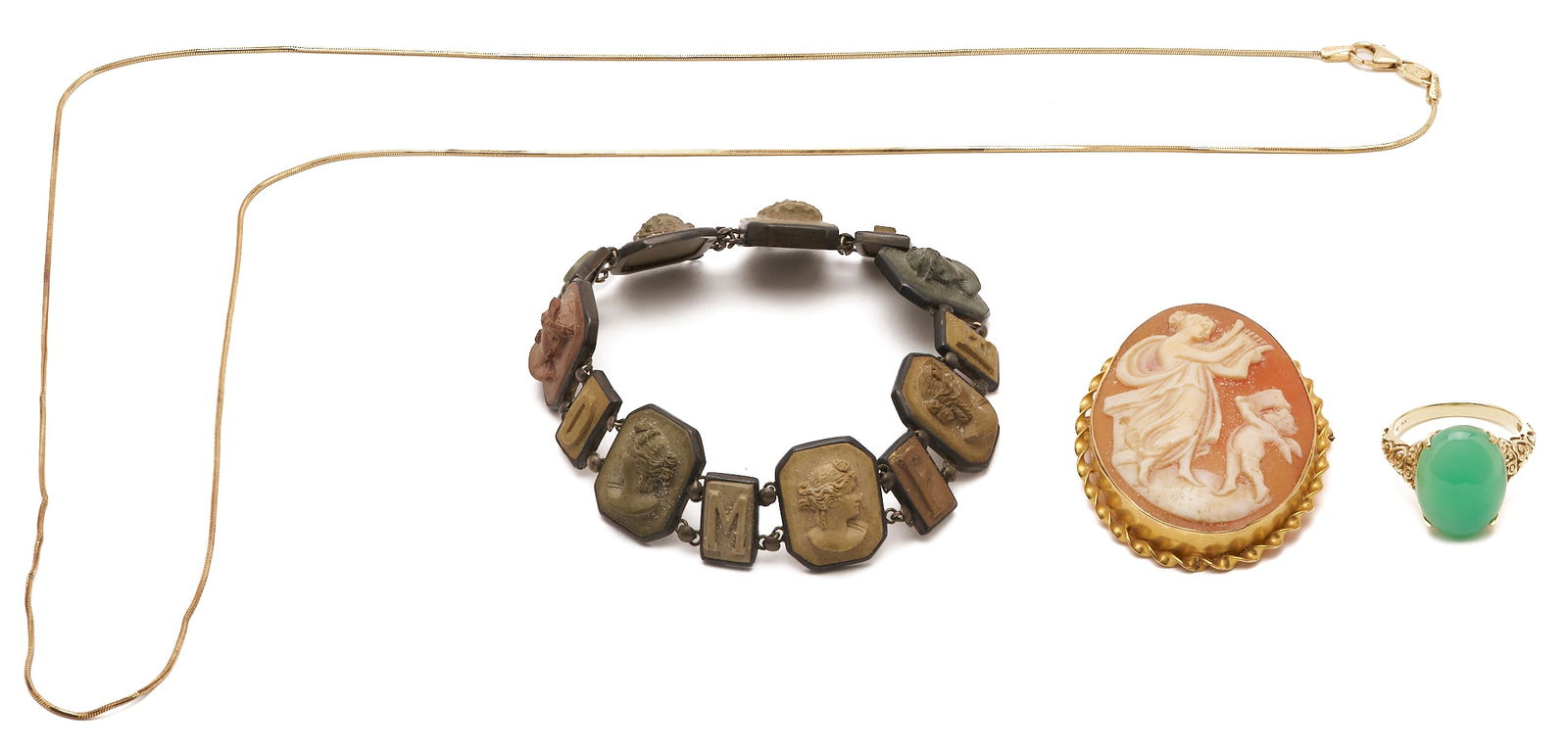 4 Gold, Silver, & Gemstone Jewelry Items: 1st item: Ladies' 14K yellow gold filigree ring featuring one (1) cabochon nephrite green jade. The ring is marked "14K" and XRF tests 14K gold. The ring is size 7 and has a gross weight