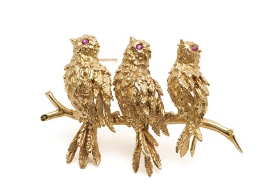 14K Gold Triple Bird Brooch