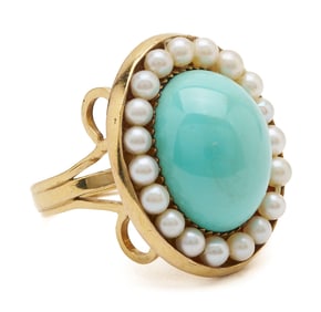 14K Gold, Turquoise & Pearl Ring