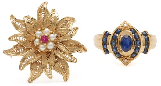 14K Gold, Ruby & Pearl Floral Brooch and 14K Yellow Gold, Sapphire & Diamond Ring