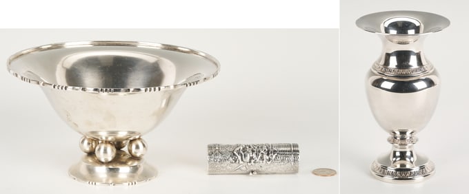 3 European Silver Items: Bowl, Pill Box, and Vase