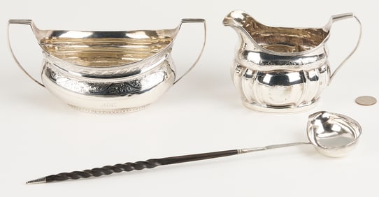 Irish Sterling Sugar Bowl & Cream Jug plus English Ladle, 3 pcs
