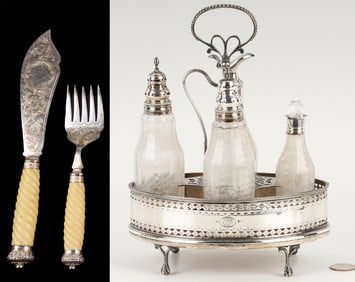 English Sterling Cruet Set plus Silverplated Fish Servers