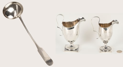American Coin Silver Ladle, attrib. William Ward Jr. and 2 American Coin Silver Creamers, Joseph