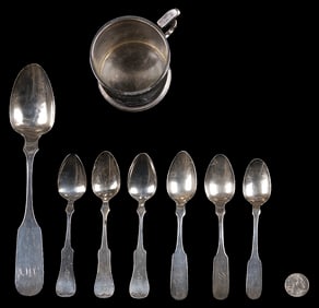 8 pcs. Coin and Sterling Silver, Cup and Spoons