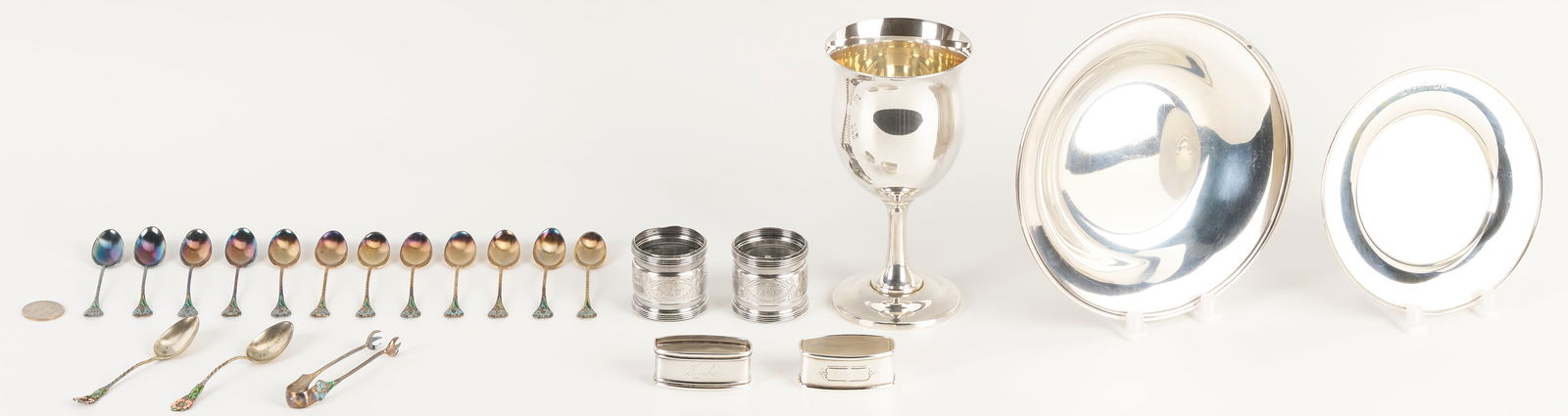 8 Antique Sterling Silver Items incl. Enameled Spoons, Napkin Rings - 2