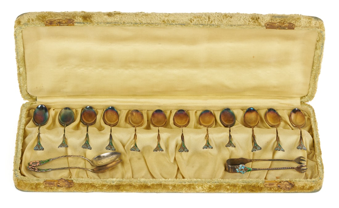 8 Antique Sterling Silver Items incl. Enameled Spoons, Napkin Rings - 3