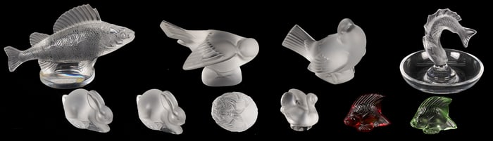 10  Lalique Glass Table Items, mostly Animals