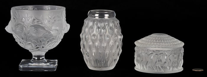 Three Lalique Items: "Figuera" Vase, "Elizabeth Bowl", "Enfants" Dresser Box