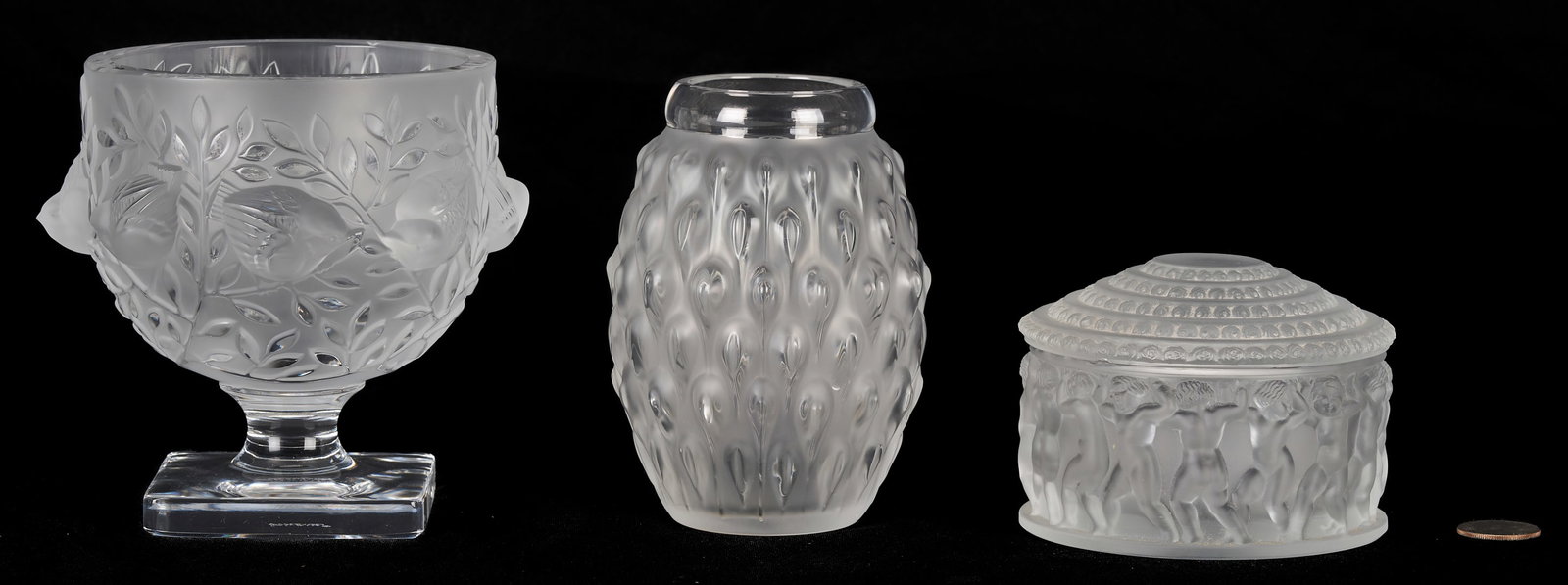 Three Lalique Items: "Figuera" Vase, "Elizabeth Bowl", "Enfants" Dresser Box: 1st Item: Lalique Crystal "Elizabeth" footed vase, with raised birds projecting from a frosted background of tree branches. 5 1/4 in. H x 4 5/8 in. D. 2nd Item: Lalique frosted
