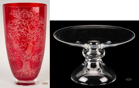 Signed Large Red Art Glass Vase & Steuben Compote