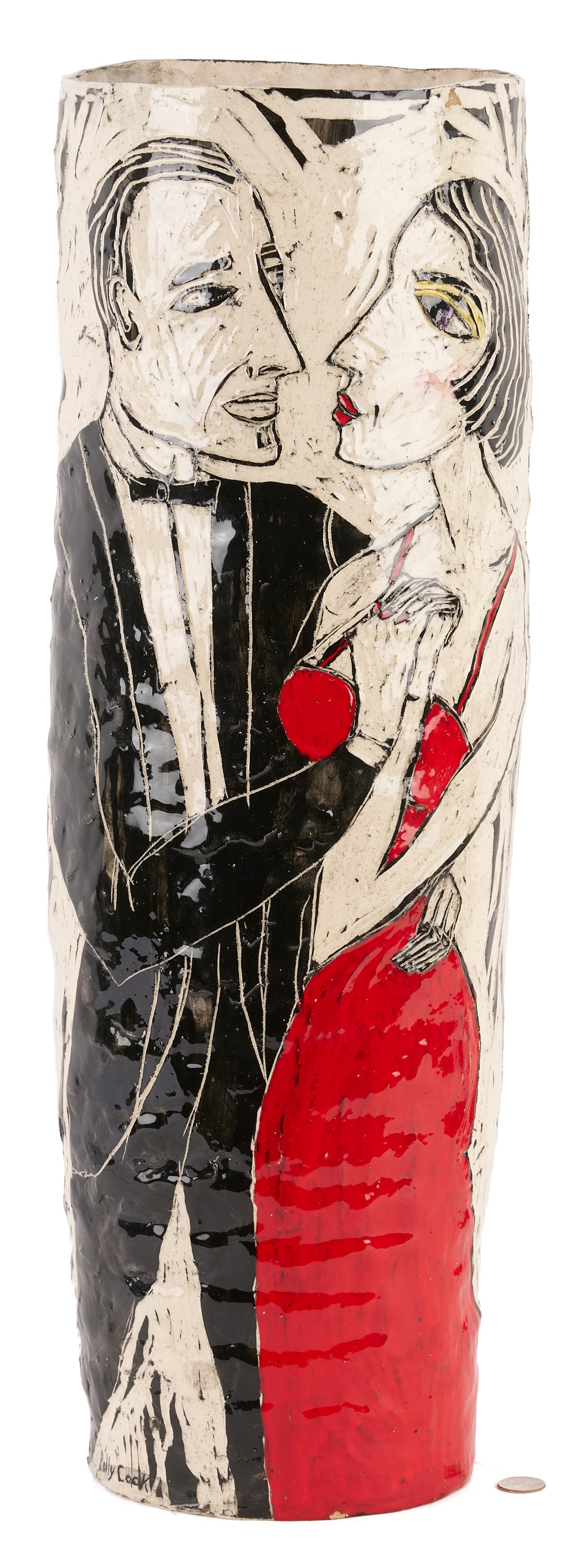 Polly Cook Tall Ceramic Umbrella Stand or Vase: Polly Cook (Tennessee/Texas, active late 20th c.) glazed ceramic tall vase or umbrella stand, featuring sgraffito decoration of a couple in formal attire embracing. Signed lower edge. 27 5/8 in. H x 9