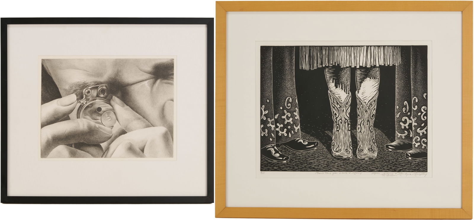 2 Marilyn Murphy Prints, Nashville Artist: Two (2) Marilyn Murphy (Tennessee, 20th/21st centuries), framed lithographs, including one of a man holding a device up to his eye, unsigned, sheet 9 in. H x 11 3/4 in. W, Frame 17 in. H x 19