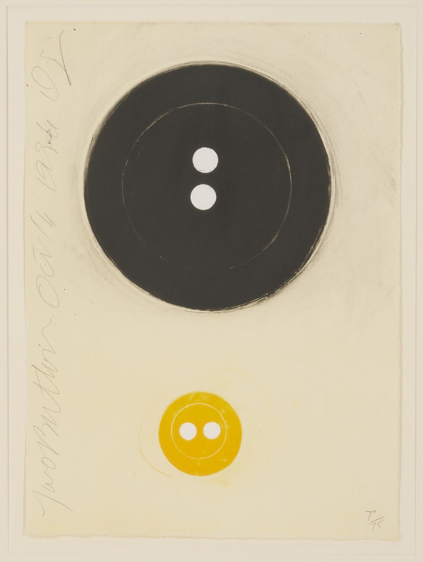 Donald Sultan Lithograph, Two Buttons: Donald Keith Sultan (North Carolina/New York, b.1951) Pop Art lithograph, "Two Buttons," 1996 Titled, dated, and initialed DS in pencil along left edge. Numbered 70/75,