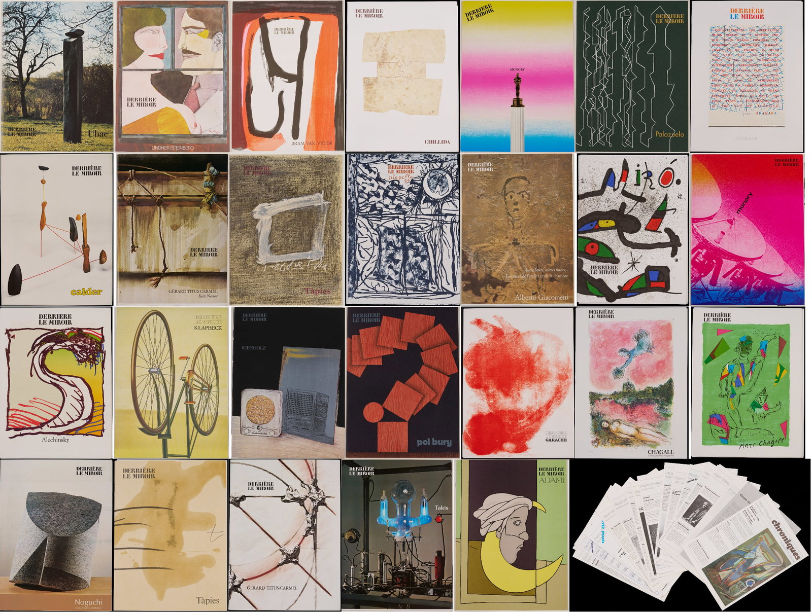 26 Issues of Derriere le Miroir incl. Calder, Chagall, Giacometti, Miro, Tapies, w/ 37 Original: Grouping of 26 issues of Derriere le Miroir plus assorted pamphlets. With thirty-seven (37) original lithographs by artists including three (3) by Marc Chagall, two (2) by Joan Miro, and three (3) by