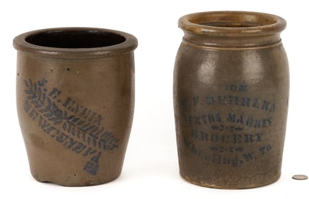 2 Stenciled Advertising Stoneware Jars, PA & West VA