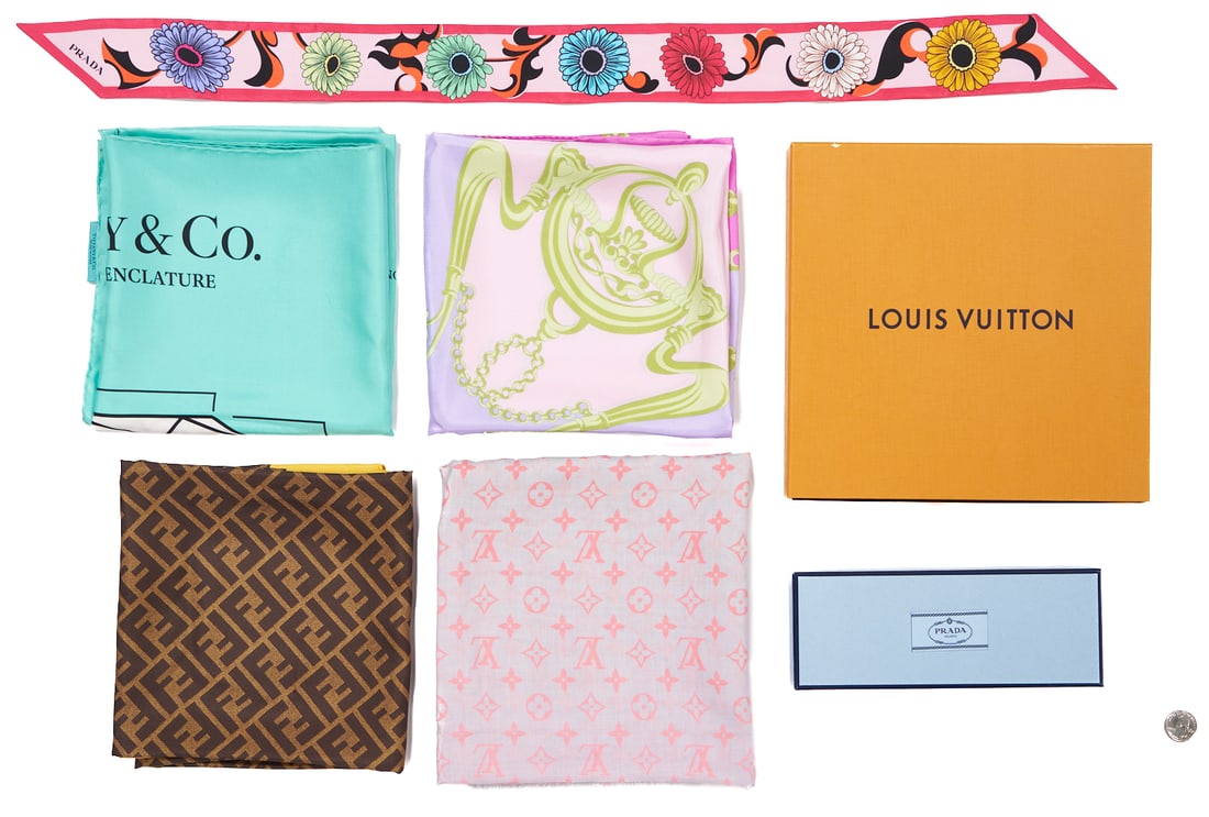 5 Designer Scarves: Tiffany, Fendi, Louis Vuitton, Lancel and Prada: 1st item: Tiffany and Co. silk scarf "Diamond Nomenclature", in Tiffany blue. Pattern is a labeled diagram of the diamond from the side and top view. Designer label attached.&