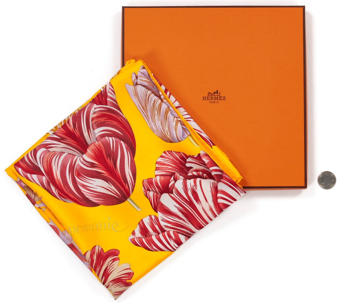 Hermes Silk Twill Scarf, Tulipomanie: Hermes multi-color silk scarf, Tulipomanie, designed by Aline Honore for Hermes in 2023 and featuring various tulips on a mustard ground. Retains the original Hermes box – approximately 35