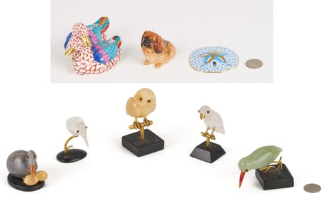 8 Porcelain & Hardstone Figures: Herend, Royal Doulton, Birds