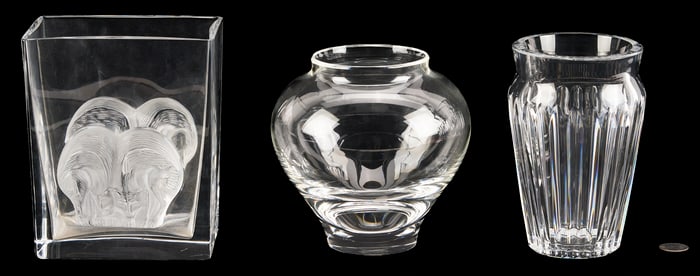3 Clear Art Glass Vases: Lalique, Baccarat, & Steuben
