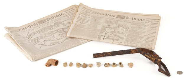 2 Newspapers, Relic Revolver, Minie balls and Clay Pipe, Hollybrook Farm, Blount Co.