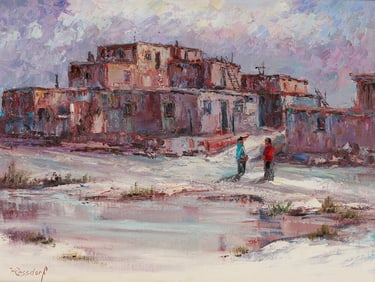 Hans Ressdorf Southwest Winter Landscape Painting, Pueblo Village