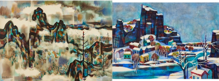 2 John Richardson Western W/C Paintings Incl. Exhibited, Mountain Mist & Cliff Town