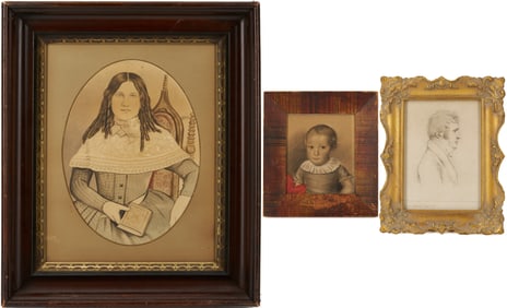 3 19th C. Framed Portraits Incl. Watercolor, Charcoal, and Stipple Engraving